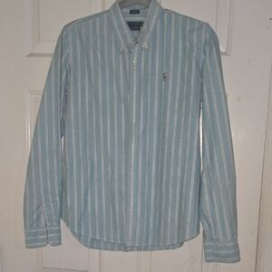 Polo by Ralph Lauren Womens Light Blue and White Stripe Button-Down Shirt